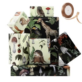 Vintage Mushrooms Animals Forest Giraffe Squirrel Wrapping paper, 4 Sheets in 4 Woodland Designs with 22m Khaki Ribbon Folded Flat 50x70cm per sheet, Gift Wrap Paper For Spring Holiday Easter Birthday