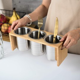 IMEEA Chopsticks Holder Cutlery Stand Cutlery Holder Cutlery Case Stainless Steel Wooden Frame 3 Pairs