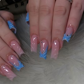 GlamRays 24 Piece 3D Gel Nail Power Square French Tip Press On Nails Medium With Rhinestones And Pearls Design Acrylic False Nail Set