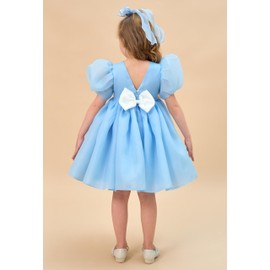 LalaMira Flower Girl Dress Organza Toddler Dresses Puff Sleeve & Bow Bcak Girls Princess Dress for Wedding Birthday Party Blue-4T