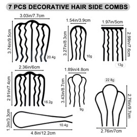 7 Piece Hair Side Combs Metal Hair Pins for Updo Buns Hair Fork Clip U Shaped French Twist Comb Decorative Hair Combs for Women Girls Hair Styling Accessories, Black
