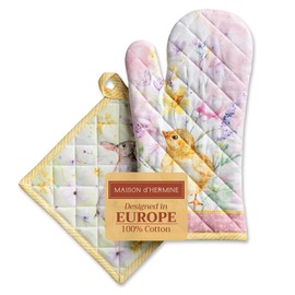 Maison d'Hermine 100% Cotton Oven Mitt & Pot Holder Set (7.5"x13" & 8"x8") Heat-Resistant Kitchen Cooking, Baking & BBQ- Soft, Easy to Use - Gifts for Mothers Day Spring/Summer (Easter Zest)