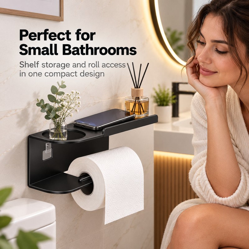 Wall-Mounted Toilet Paper Holder with Shelf – Carbon Steel Bathroom