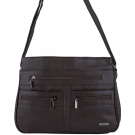 Large Faux Leather Handbag/Shoulder Bag with 7 Zip Compartments & Double Zip Top (Dark Brown)