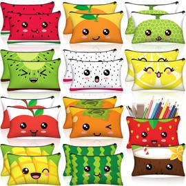 Hosuly 24 Pcs Bulk Fruit Zipper Pencil Case Pouch Sports Pen Bag Multicolored Strawberry Watermelon Orange Mango Canvas Pencil Pouch Organizer for Boy Kids Girl Stationary Storage School