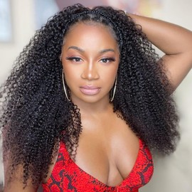 Kinky Curly Half Wig Human Hair 220% Density 3 In 1 True To length 22 Inch Kinky Edges Seamless Flip Over Drawstring Wear Go Glueless Curly Half Wigs for Black Women Afro Curly Headband Wig Human Hair