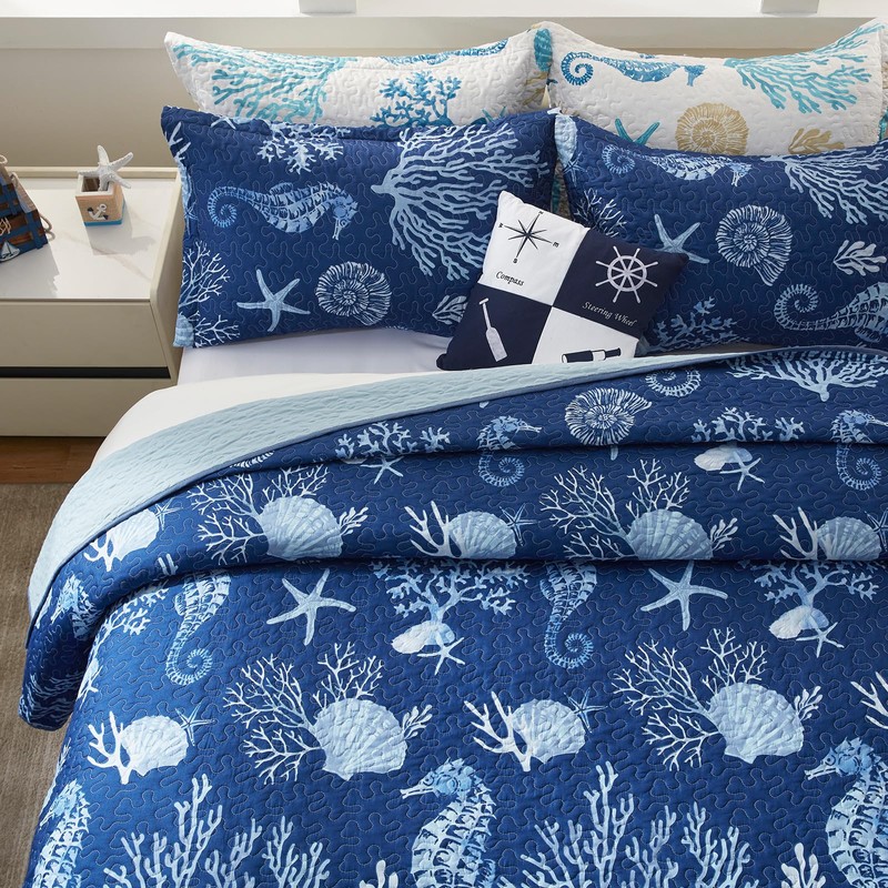 LEAONME Coastal Quilt Set King Size - Lightweight Microfiber Reversible