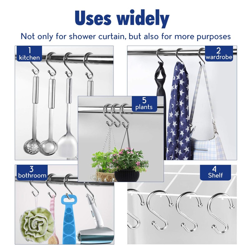 Metal Shower Curtain Hooks，Set of 12 Rings，Rust Resistant S Shaped
