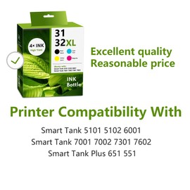 32XL/31 Black Cyan Yellow Magenta High Yield Ink Refills 4/Pack - 1VV24AN 1VU26AN 1VU27AN 1VU28AN Replacement for HP 31 32XL for Smart Tank 5101 5102 6001 7001 7002 7301 7602 Plus 651 551 Ink Tank
