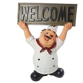 KiaoTime Chef Figurine with WELCOME Sign Board Plaque Home Kitchen Restaurant Decor 8"