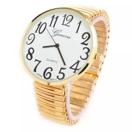 Geneva Gold Super Size Case Easy to Read Stretch Band Women's Watch