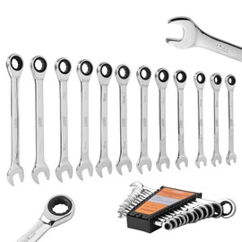 12 Pcs Ratcheting Wrench Set, Metric and SAE Ratchet Combination Wrenches Set, 12 Point, 72 Teeth, Ratcheting Wrench Set with Organizer Rack, Premium CR-V Steel, 8-19 mm & 1/4” to 7/8“ (Metric)