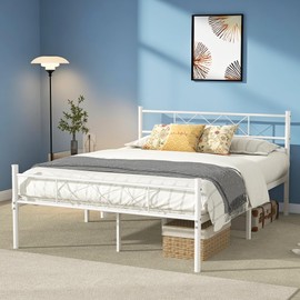 VECELO Queen Size Bed Frame with Headboard, Heavy-Duty Platform with Strong Metal Slats, No Box Spring Needed, Easy Assembly, Pure White