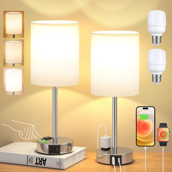 Touch Lamps for Bedrooms Set of 2 White - 3 Way Dimmable Bedside Lamp with USB C and A Ports and Outlets, Modern Nightstand Lamp with Linen Shade and Silver Base, Small Table Lamps for Kids Nursery