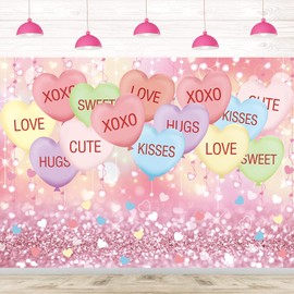 Valentines Backdrop 10x8FT Sweethearts Candy Conversation Hearts Party Decorations Sweet Heart Valentines Background for Home Party Banner Photo Booth Props