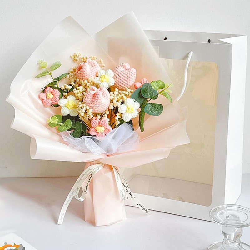 BSRTOP Crochet Flower Bouquet Tulips: Artificial Handmade Knitted Tulip Bouquet