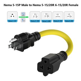 1-FT 15 Amp Household AC Plug to 20 Amp T Blade Adapter Cable 12AWG Nema 5-15P to 5-20R,5-15P to 6-15R/20R 20-Amp to 15-Amp Plug-Adapter Cord,Heavy Duty 15A 125V to 20A 250V Extension-Cord