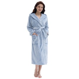 Amorbella Hooded Fleece Robe for Women Fuzzy Plush Bathrobe Thick Warm Robe(Dusty Blue, XL)