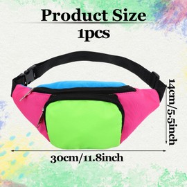 80s Neon Rave Fanny Pack with 2 Pockets, Retro Belt Bag Waist Packs for Women Men, Color Blocked 80s Accessories Plus Size Belt Bag for Jogging Traveling Party Costume Holiday Festival Theme Party