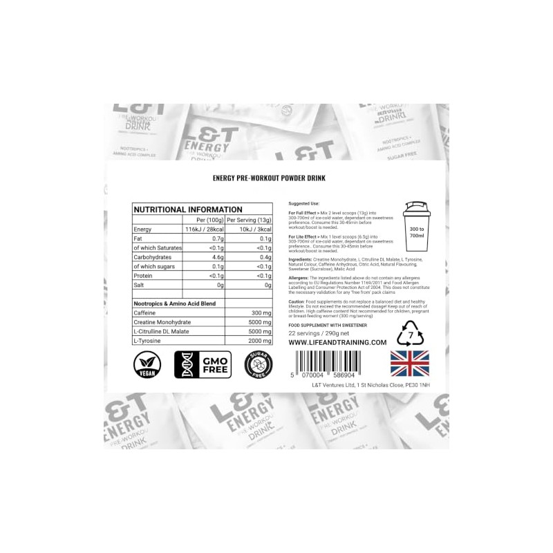 L&T Energy Pre Workout Powder | 13000mg | Caffeine, Creatine,