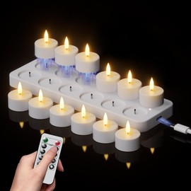 Lasumora Rechargeable Tea Lights Candles with Remote Timer & Charging Base, 12pcs Battery Operated LED Candles Tea Lights Flameless for Halloween Decorations Wedding Home DecorΦ 1.57" H 1.85"