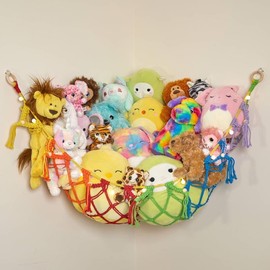 Stuffed Animal Storage Macrame Hammock w/String Lights - Large, 2 Pack - Boho Decor Toy Storage - Corner Hanging Plushie Stuffed Animal Net Organizer (Rainbow)