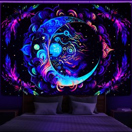 AtawLege Blacklight Tapestry UV Reactive Tapestries Moon Mandala Tapestry Bohemian Tapestries Mysterious Aesthetic Tapestry Boho Tapestry Wall Hanging for Bedroom (51.2 x 59.1 inches)