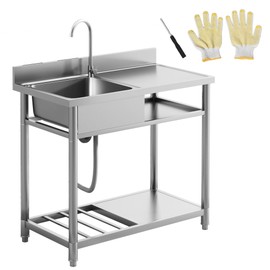 Outdoor Utility Sink 39 Inch, Deep Stainless Steel Sink, Free Standing Single Bowl Kitchen Sink with Cold and Hot Water Pipe and Storage Shelf for Laundry Garage