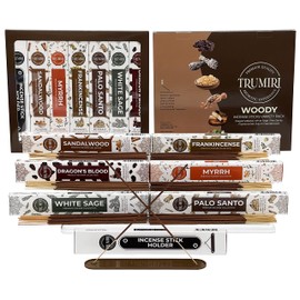 Woody Incense Sticks Variety Pack - 120 Insence-Sticks (6 Incents x 20 Insense) - White Sage Palo Santo Dragons Blood Sandalwood - Natural Inscents-Sticks Non Toxic Cleansing Incienso + Burner Holder