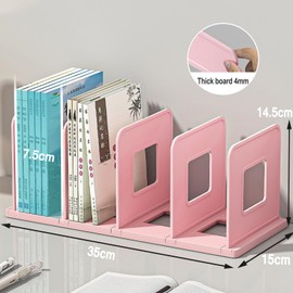 Lemical Desk File Holder File Sorter Detachable Bookend 4 Compartments Magazine Organiser Book Divider Documents Organizer Heavy Duty Bookshelf Cookbook Storage Holder for Home Kitchen Office Pink