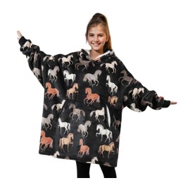 Huglanket Horse Gifts for Girls, Women, Horse Lovers, Wearable Flannel Horse Blanket Hoodies, Super Soft Warm Cozy with Big Pockets - One Size Fits Most, Blackv