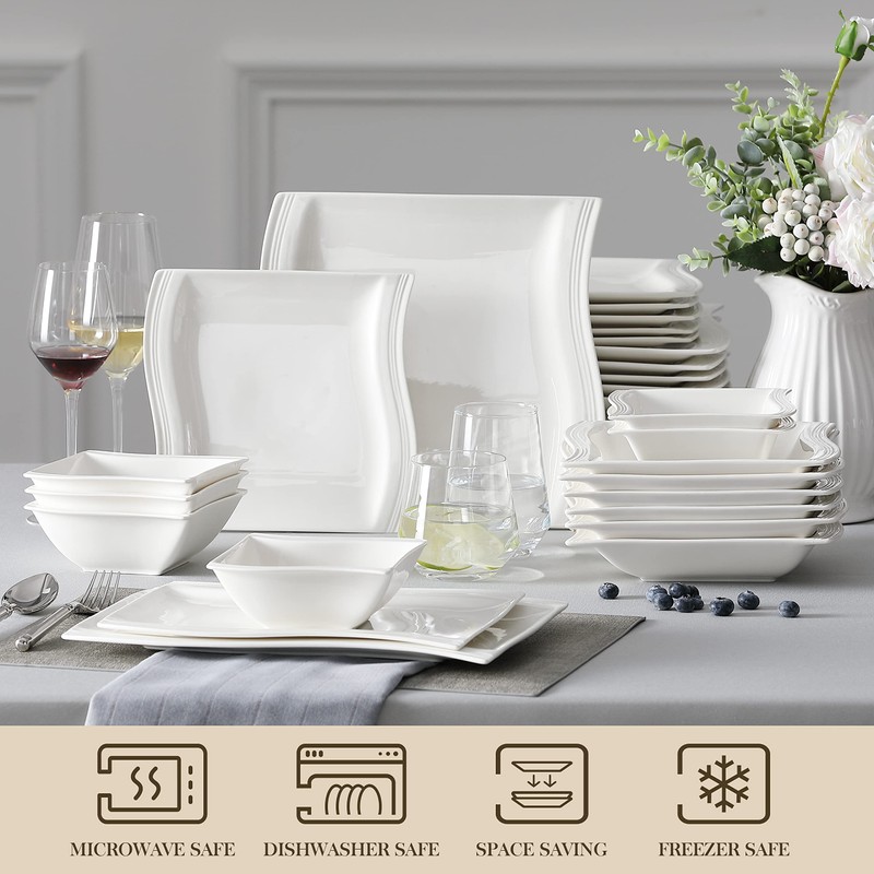 MALACASA Plates and Bowls Sets, 26-Piece Porcelain Dinnerware Sets for