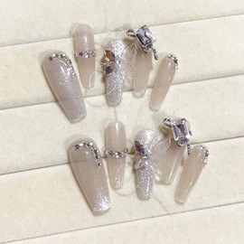 JIEADJIE Press On Nails (100% Handmade),Mid-Length Version,Handmade Painted Nail Art by Nail Technician,Luxury (Fishline Butterfly Nude, Small)