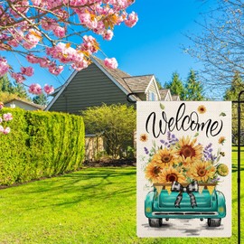 YOVOYOA Sunflowers Truck Summer Garden Flag 12x18 Double Sided, Rustic Floral Bee Welcome Yard Flags for Outside, Burlap Small Seasonal Holiday Flag for Farmhouse Outdoor Decoration