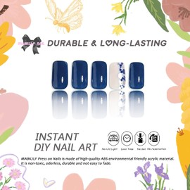 Blue Press on Nails Medium Square MABKJLF Fake Nails False Nails with Glitter Designs Elegant Full Cover Glossy Glue on Nails Stick on Nails Acrylic Nails for Women Girls 24 Pcs