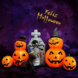 DAHAN Inflable Halloween, Calabaza Decoración Adornos de Calabaza con Gato de Bruja y Luces LED, Adornos Decoracion Halloween Exterior para Fiesta, Dí