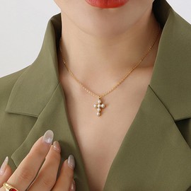 Pearl Cross Necklace for Women Dainty Charm Necklace Freshwater Baroque Pearl Necklaces Baptism Gifts for Chunky Big Cross Pearl Pendant Jewelry Christian Gifts for Women