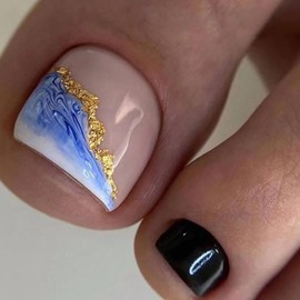 Square Fake Toenails Summer Glossy Glitter Blue French Tip Press on Toenails Foil Short Acrylic False Toes Nails with Sea Wave Designs Black Artificial Beach Full Cover Toenail for Women Girls 24 Pcs