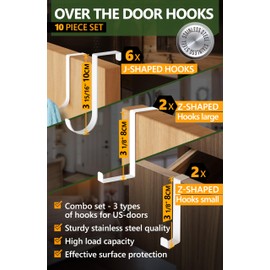4smile Over The Door Hooks, Set of 10, Stainless Steel Door Hooks - 6 x Door Hanger J-Shaped, 2 x Over Door Hook Z-Shaped, 2 x Cabinet Hooks for Hanging, Purse Hanger for Door
