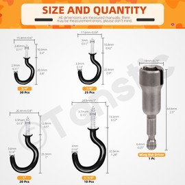 Tanstic 85Pcs 4 Sizes Black Screw in Wall Hooks, Vinyl Coated Cup Hook Ceiling Hooks Screw in Hooks with Wing Nut Driver for Indoors Outdoors