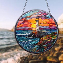 HOTIYOK Lighthouse Stained Acrylic Window Hanging Ocean Ornaments Wall Art Decor for Home Coffee Bar Housewarming Gift for Women Mom Grandma Teacher