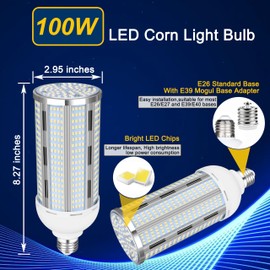 2Pack 100W LED Corn Bulb, 12500LM Super Bright 5000K Daylight White, E26/E39 Large Mogul Base, 400W Metal Halide MH HID HPS Replacement, LED Corn Lamp for Garage Warehouse Workshop Barn Factory