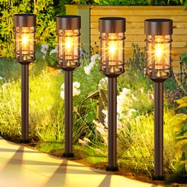 Solar Pathway Lights Outdoor Solar Lights 8 Pack Metal & Glass Design - Waterproof Auto On/Off Bright Long-Lasting Garden Landscape Lighting Walkway Driveway
