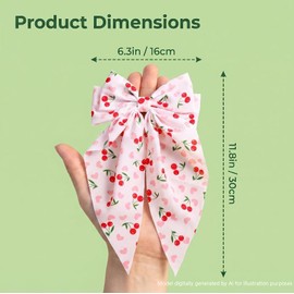 Cherry Print Bow Hair Clip, Sweet Fabric Long Tail Bow Barrette, Kawaii Cherry Themed Hair Accessories for Women, Cute Summer Clips for Birthday Party and Daily Wear Gifts