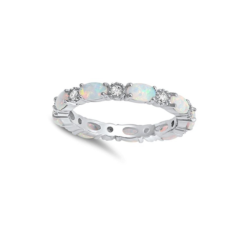 Clear CZ Oval White Simulated Opal Ring Sterling Silver Stackable