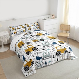 Construction Comforter Set Full Size Kids Excavator Tractor Toddler Comforter Cartoon Car Equipment Trucks Plaid Grid Comforter Set Construction Vehicles White Yellow Duvet Set