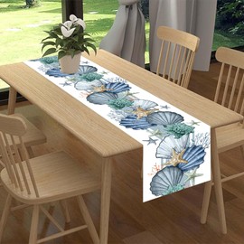 Camino de mesa costero, estrella de mar náutica, concha de coral, playa, océano, comedor, mesa rústica de verano, mesa para interiores y exteriores, decoración de restaurante, 13 x 108 pulgadas