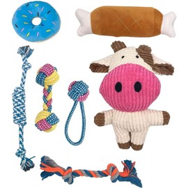 ZHEYU Juguete Interactivo de Cuerda para Perros, Resistente para Perros medianos y pequeños, Duradero Juguete para Cachorros Durante la dentición, Juguete de Cuerda masticable. (Blanco（7piezas Vaca）)