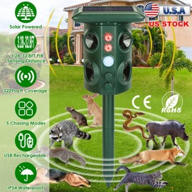 iMounTEK Animal Repeller Solar Ultrasonic Animal Repeller Solar Powered Animal Repellent Chaser with PIR Motion Sensor IP65 Waterproof Sound Flashing Light for Deer Raccoon Squirrel Mice Cat Dog
