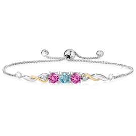 Two-Tone Gemstone Birthstone and Pink Created sapphire and Accent Lab Grown Diamond Infinity Tennis Bracelet For Women In 925 Silver and 10K Yellow Gold | Round 5MM | Fully Adjustable Up to 9 Inch
